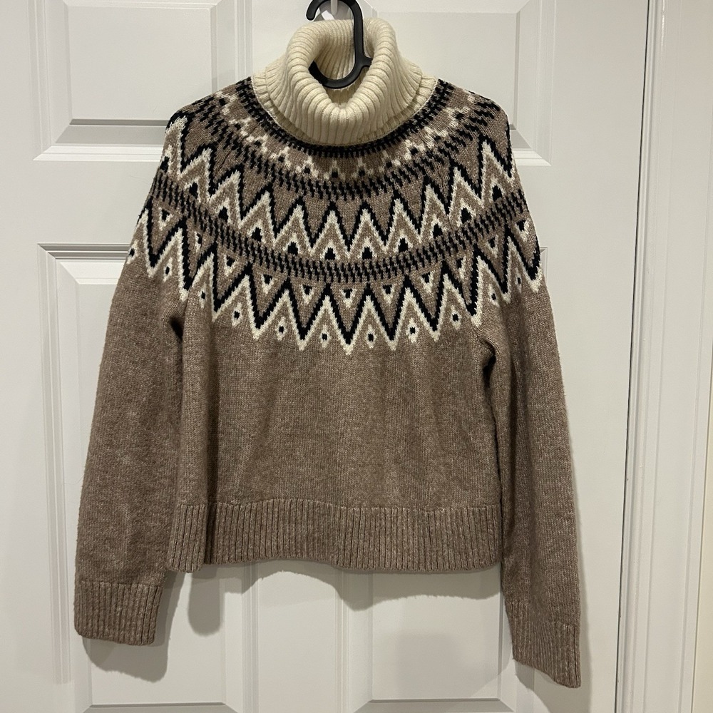 HM Fair Isle Turtleneck Sweater Womens XS Brown Knit Nordic Polo Neck Jumper